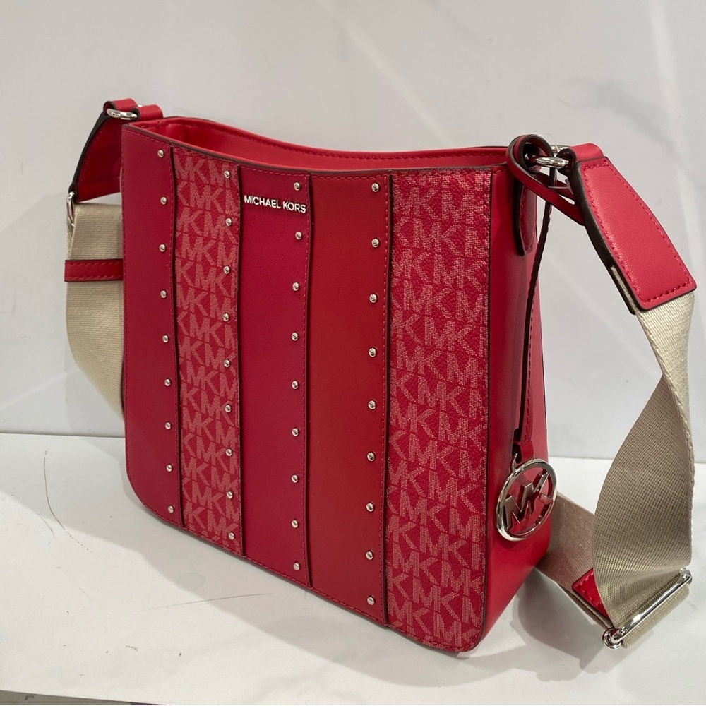 Michael Kors Jet Set Travel Small Crossbody Bag MK Dark Raspberry Studded - Picture 8 of 14